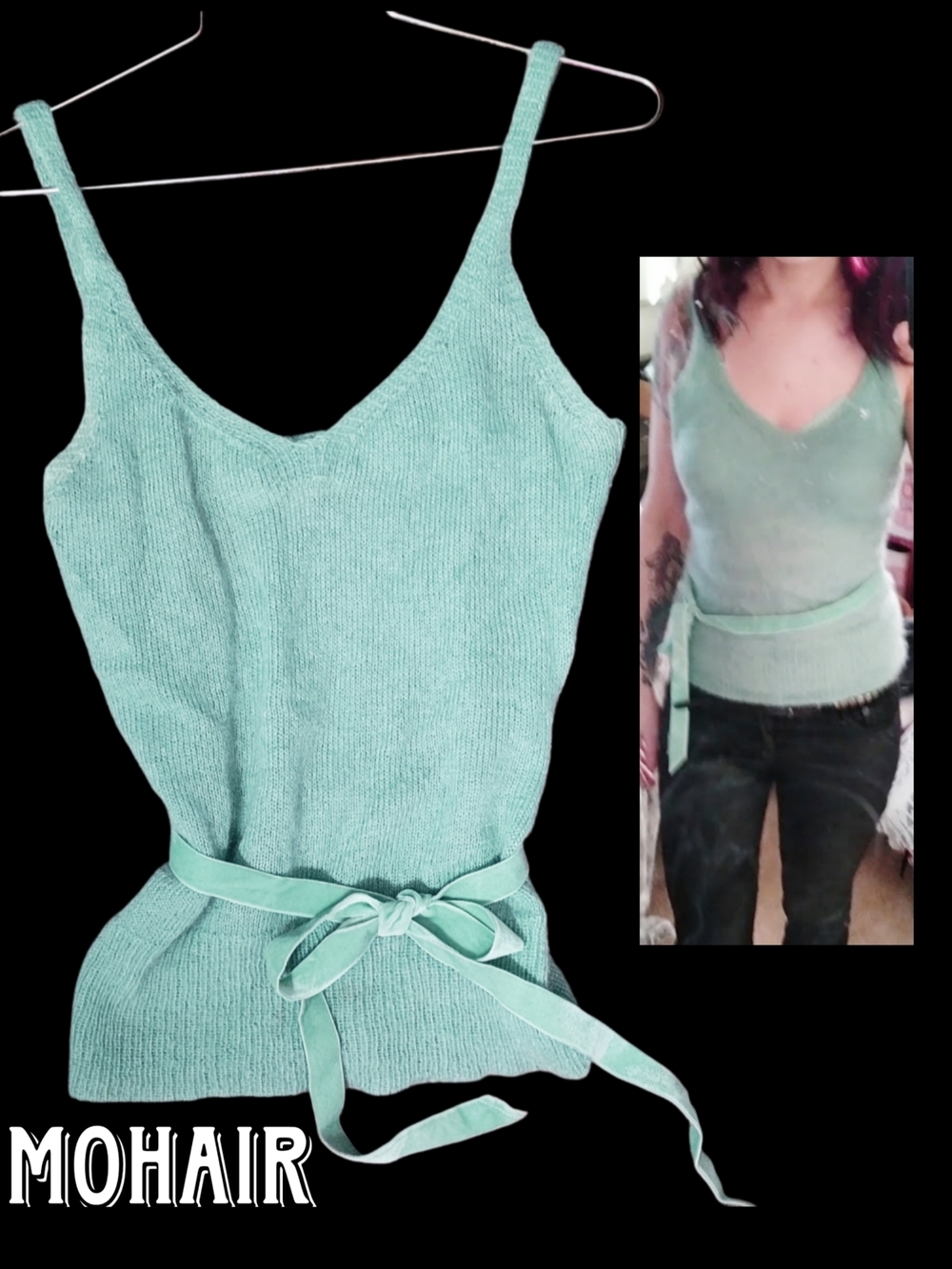 Y2K Banana Republic Aqua Mohair V-Neck Fitted Tank w/ Velvet Waist Tie